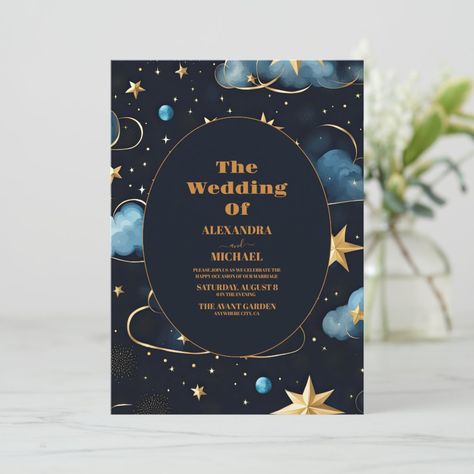 Blue Gold Wedding Invitation, Celestial Wedding Invitations, Wedding Flyers, Galaxy Wedding, Blue Gold Wedding, Stars Wedding Invitations, Moon Wedding, Blue Backdrop, Celestial Wedding