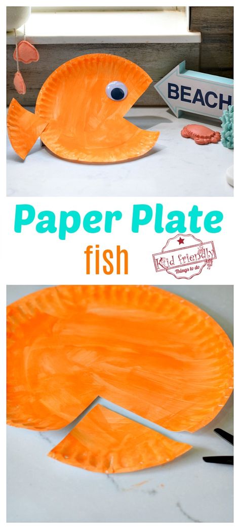 This Paper Plate Craft is perfect for little kids in preschool or big kids. This paper plate fish is an easy summer craft for all. www.kidfriendlythingstodo.com #paperplatecraft #easy #craft #preschool #kids #school #kindergarten Paper Plate Fish Craft, Plate Fish Craft, Kunst For Barn, Paper Plate Fish, Decoration Creche, Crafts Summer, Fish Craft, Babysitting Crafts, Easy Toddler Crafts