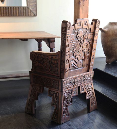 Aztec Revival Chair Morelia, Michoacan, Mexico, 1926, Talleres de Gillermo Ruiz, each individually carved with its own symbology Aztec Furniture, Aztec House, Peruvian Culture, Michoacan Mexico, Aztec Decor, Antiques Furniture, Furniture Gallery, Couch And Loveseat, Hacienda Style