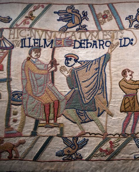 Part of the Bayeux Tapestry Bayeaux Tapestry, Medieval Tapestries, Tea Cottage, Historical Embroidery, History Bounding, Ancient Europe, Norman Conquest, Medieval Embroidery, Romanesque Art