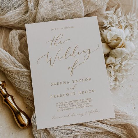 Delicate Gold Calligraphy | Cream The Wedding Of Invitation Champagne Wedding Themes, Summer Calligraphy, Wedding Invitations Champagne, Cream Wedding Invitations, Wedding Neutral, Romantic Minimalist, Whimsical Typography, Gold Foil Design, Beige Wedding