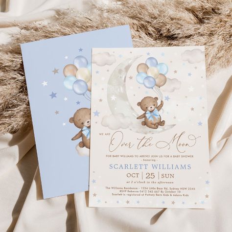 Baby Boy Invitations, Moon Balloon, Teddy Bear Baby Shower Invitations, Adairs Kids, Blue Baby Shower Invitations, Blue Teddy Bear, Bear Invitations, We Can Bearly Wait, Bearly Wait