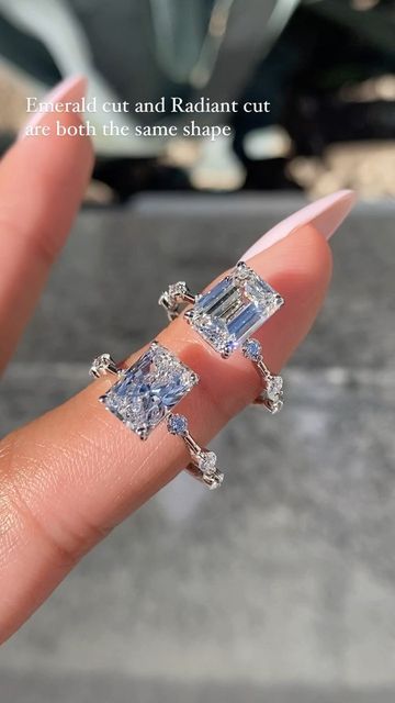 Sparkly Emerald Cut Engagement Ring, Emerald And Radiant Engagement Ring, Emerald Versus Radiant, Radiant Cut Emerald Ring, Emerald Ring With Diamond Band, Rectangular Cut Engagement Ring, Radiant Cut Engagement Ring Silver, Emerald Radiant Engagement Ring, Emerald Vs Radiant Diamond