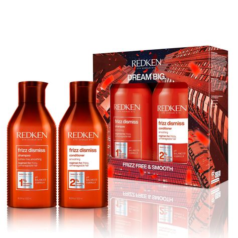 Dream Big, Dream Redken with a giftable, limited edition holiday set that includes the Frizz Dismiss Shampoo and Conditioner ($70 VALUE) that detangles, smooths and controls frizz. FRIZZ DISMISS SHAMPOO (500mL) Prescribed for frizz protection, the sulfate and sodium chloride-free Redken Frizz Dismiss Shampoo is a gentle anti-frizz shampoo. Formulated with Redken's Smoothing Complex containing Babassu Oil that works to moisturize, detangle, and protect hair from frizz while providing enhanced smo Redken Frizz Dismiss, Anti Frizz Shampoo, Redken Hair Products, Babassu Oil, Frizz Free Hair, Sodium Chloride, Anti Frizz, Holiday Gift Sets, Frizz Control