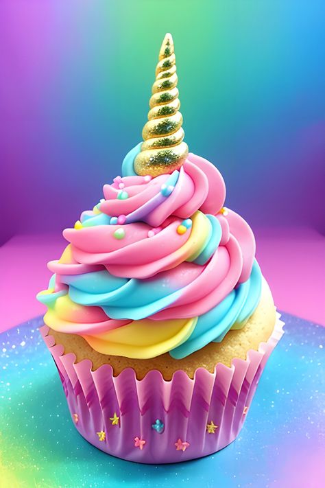 A neon pastel rainbow cupcake decorated with a unicorn horn and colorful sprinkles Realistic Fantasy Art, Cupcakes Wallpaper, Rainbow Cupcake, Cupcake Drawing, Cupcake Pictures, Colorful Unicorn, Unicorn Pictures, Kawaii Unicorn, Unicorn Crafts