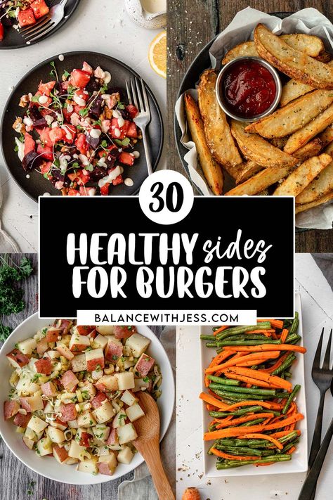 Looking for healthy treats to pair alongside your burger? These easy side dishes are the best to eat with burgers, hot dogs, and more. From potatoes to salads to roasted veggies, there's no shortage of ideas here. Plus they're kid-friendly and healthy! Healthy Sides For Hot Dogs, Healthy Burger Sides, Side For Burgers, Camping Side Dishes, Sides For Hamburgers, Healthy Sides For Burgers, Sides For Burgers, Low Calorie Side Dishes, Low Carb Coleslaw