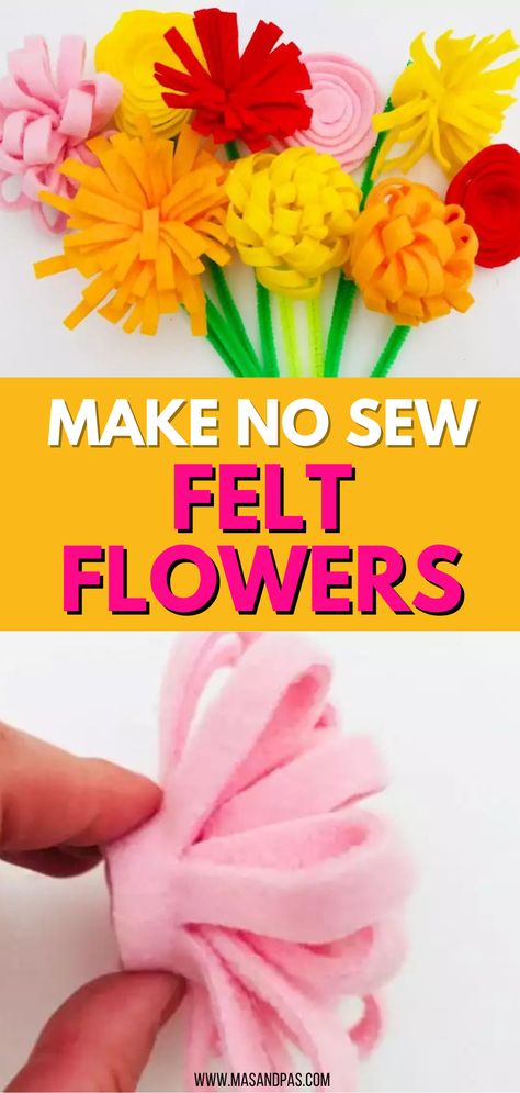 How to make DIY easy no sew felt flowers. We just love this tutorial to make delightful and simple felt flowers. There are 3 different designs and each one is so easy that kids can easily make them. With a quick snip, roll and a twist you can make a stunning bunch of felt flowers in minutes. #nosewfeltflowers #diynosewfeltflowers #howtomakefeltflowers #easynosewfeltflowers #howtomakeeasyfeltflowers Felt Flowers Diy Easy, No Sew Felt Crafts, Spring Flowers Diy, Fleece Flowers, Diy Felt Flowers, Flower Crafts For Kids, Make A Paper Flower, Diy Kids Activities, Flowers Paper Craft