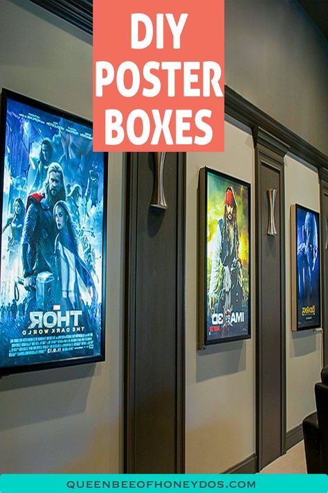 Diy Movie Poster, Diy Movie Room, Movie Theater Basement, Movie Room Diy, Movie Poster Box, Home Theater Basement, Theatre Room Ideas, Basement Movie Room, Theater Room Decor