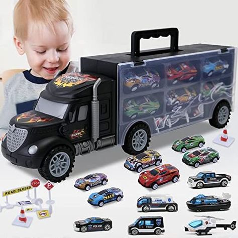 This car toy comes with 12 car slots for storage and a snap-close lid, ensuring the 6 mini police cars, 6 small racing car toys, and 8 PCS traffic signs are inside. It is a great birthday gift for boys aged 3 in your life. 🤩 Price: $24.99 Rating 4.3/5 Kids Wagon, Dinosaur Toys For Kids, Toddler Car, Car Carrier, Easter Gifts For Kids, Traffic Signs, Car Toys, Boy Toys, Boys Toys