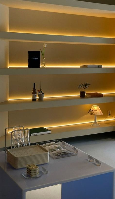 Ikea Shelves Lighting, Led Light Shelves, Bookshelf With Led Lights, Led Bookshelf Lighting, Light Up Shelves, Backlit Bookshelves, Lights On Shelves, Shelf Lighting Ideas, Lighted Shelving