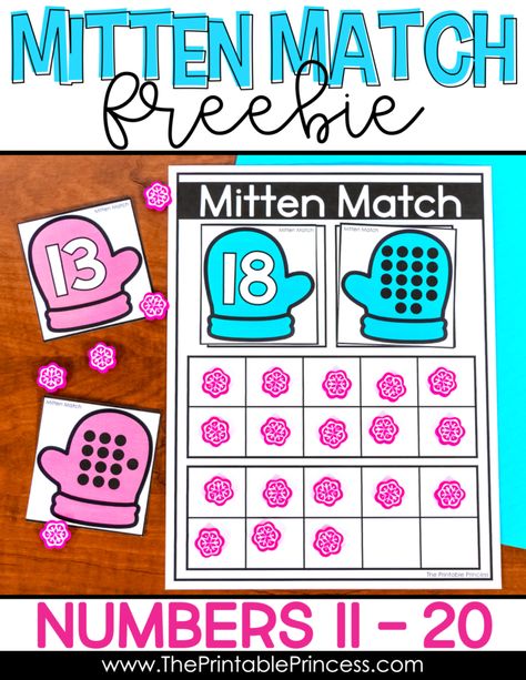 Mitten Match FREEBIE is a hands-on, interactive way for students to practice numbers 11 - 20. The activity includes matching cards and a ten frame mat for students to build teen numbers. This winter activity is easy to prep and can be used in several different ways. Perfect for helping Kindergarten and First Grade students develop a deep understanding of teen numbers during the winter months. This activity is great for morning tubs, early finishers, and of course, math centers. Best of all, it's January Classroom, Math Tubs, Printable Princess, Teaching Game, Math Centers Kindergarten, Teen Numbers, Activities For Kindergarten, Winter Kindergarten, Winter Math