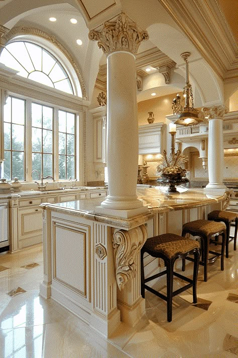 elegant Tuscan cream White Kitchen with columns White Tuscan Kitchen, Cream And Gold Kitchen, Kitchen With Columns, White French Country Kitchen, Accent Island, Victorian Farmhouse Kitchen, Colorful Kitchen Appliances, Window Wonderland, Off White Kitchen