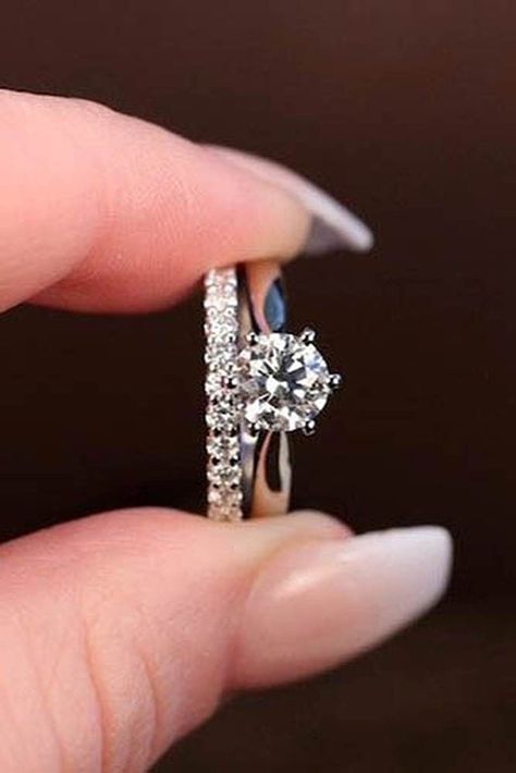 Engagement And Wedding Ring Sets Round, Wedding Bands For Simple Engagement Ring, Simple Engagement Rings With Wedding Band, Simple White Gold Engagement Rings, Rings Engagement White Gold, Round Solitaire Engagement Ring Stack, Ring Married, Engagement Ring Band Styles, Wedding Rings White Gold