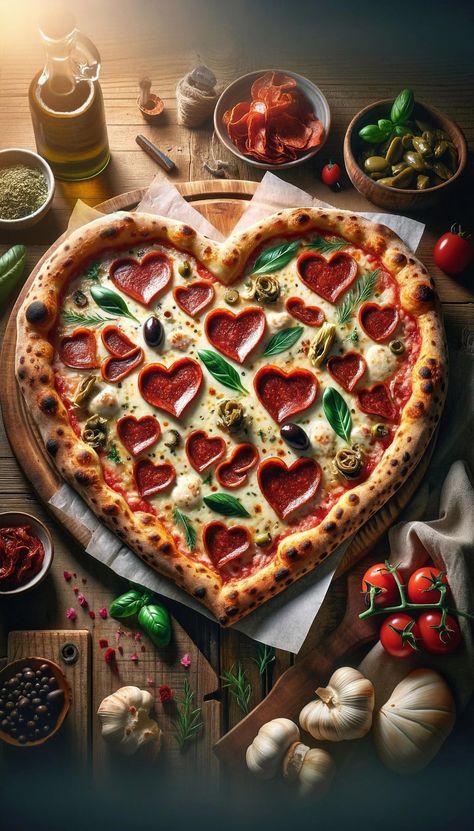 Experience the magic of romance with every delicious bite of this heart-shaped pizza. Perfect for Valentine's Day or any special occasion, this culinary creation is topped with premium mozzarella, charming pepperoni hearts, and an array of gourmet ingredients like sun-dried tomatoes, artichokes, and olives. Each slice is a celebration of homemade love, transforming your kitchen into the ultimate romantic haven. Impress your special someone with this exquisite pizza and create unforgettable memories. Pizza Night Party, Pizza Pictures, Heart Pizza, Shaped Pizza, Pizza Aesthetic, Heart Shaped Pizza, Artisan Pizza, Gourmet Pizza, Fast Foods