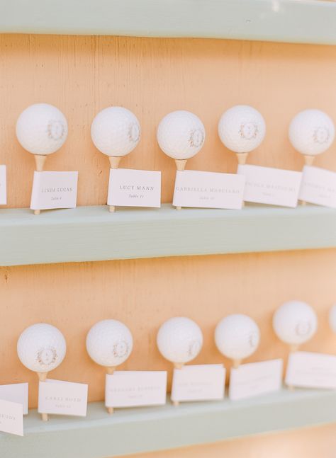 Golf themed escort display with custom crest golf balls || The Ganeys #escortdisplay #clubatpasaderawedding #weddingseatingchart Golf Wedding Theme, Wedding Seating Chart Display, Sports Themed Wedding, Golf Wedding, Fall Tones, Wedding Name Cards, Sports Wedding, Golf Course Wedding, Monterey California