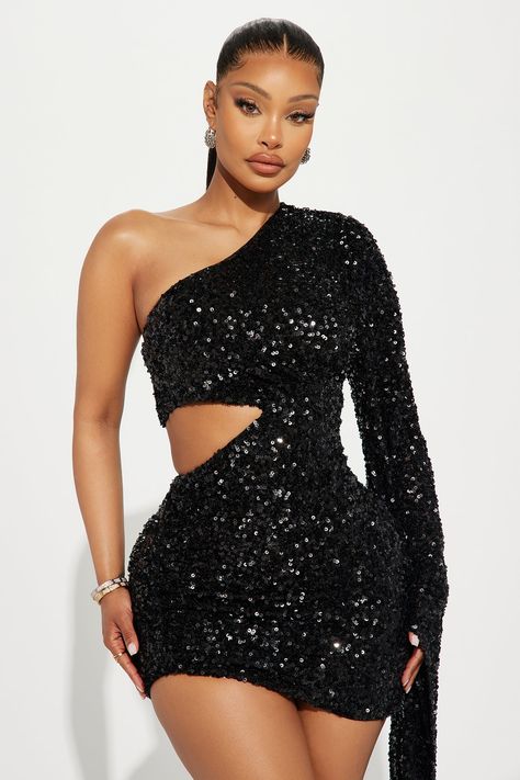 Available In Black. Sequin Mini Dress One Shoulder Exaggerated Long Bell Sleeve Side Cut Out Asymmetrical Hem Lined Stretch Length = 33" Self 95% Polyester 5% Spandex Lining 100% Polyester Imported | Leilani Sequin Mini Dress in Black size Medium by Fashion Nova Black Sequin Dress Accessories, Short Black Birthday Dress, Black Hoco Dress Short, Black Homecoming Dress Short, Black Sequin Dress Short, Long Sleeve Sparkly Dress, Hoco Dress Short, Homecoming Dresses Short Black, Black Sequin Mini Dress