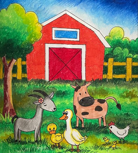 Easy To Draw Farm Animals, Farm Easy Drawing, Farm Drawing Easy, Farming Drawing, Easy Dinosaur Drawing, Farm Animals For Kids, Farm Drawing, Drawing Pictures For Kids, House Drawing For Kids