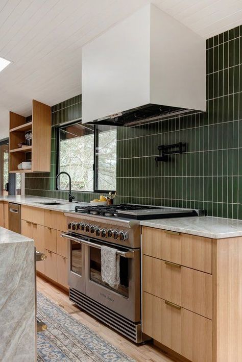 Green vertical stacked tile backsplash in kitchen Stacked Subway Tile Kitchen, Vertical Stacked Subway Tile Kitchen, Stacked Tile, Apartment Size Refrigerator, Green Subway Tile, Dark Green Kitchen, Green Backsplash, Mercer Island, Kitchen Pulls