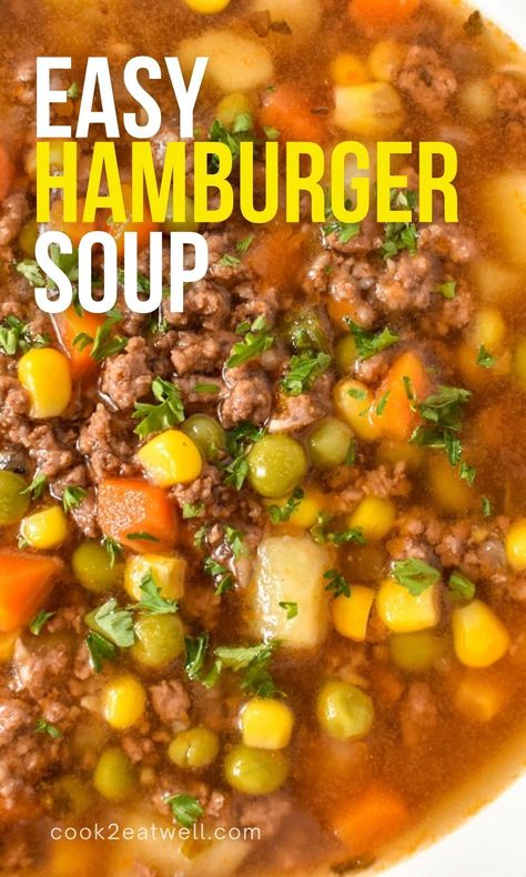 In this hamburger soup recipe ground beef is seasoned and cooked with vegetables to make a hearty and flavorful meal. Get the recipe now or Pin it for later. Hamburg Soup Recipes, Best Hamburger Soup Recipe, Recipes Using Hamburger, Hamburger Soup Recipe, Recipe Ground Beef, Veggie Soup Recipes, Sleeve Recipes, Bariatric Sleeve, Soup With Ground Beef