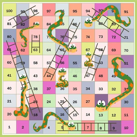 Snakes and ladders boardgame for children. Cartoon style. Vector illustration royalty free illustration Printable Snakes And Ladders, Snake Ladder Game Design, Snakes And Ladders Template, Snake And Ladder Game, Snakes And Ladders Printable, Snake And Ladder, Snake Ladder, Math Stem Activities, Clock Face Printable