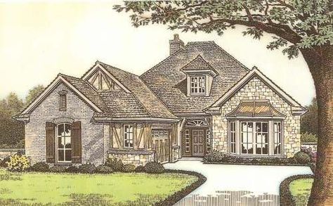 HousePlans.com 310-533 English Cottage House Plans, Tudor House Plans, Bathroom French Country, House Plans With Pictures, European House Plans, House Plans One Story, European Style House, Shingle Exterior, Tudor Style Homes