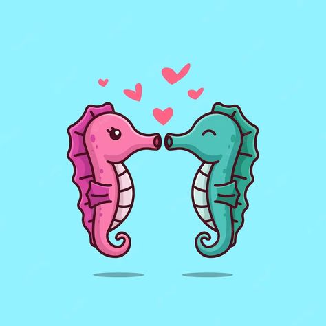 Cute Animal Couples Cartoon, Animals In Love Drawing, Animal Couple Drawing, Seahorse Couple, Couple Animals, Seahorse Drawing, Kiss Illustration, Cute Seahorse, Valentine Cartoon