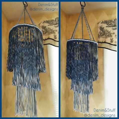 Denim Lampshade, Denim Curtains, Unique Hanging Lamp, Recycled House, Denim Fringe, Upcycled Textiles, Denim Art, Art Tapestry, Denim Ideas