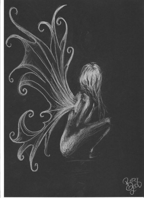 . Black And White Fairy Tattoo, Dark Fairy Painting, White Drawings On Black Paper, Faries Drawings Sketches, Fairies Sketch, Dark Fairy Drawing, White Chalk Art, Bad Fairy, Shadow Fairy