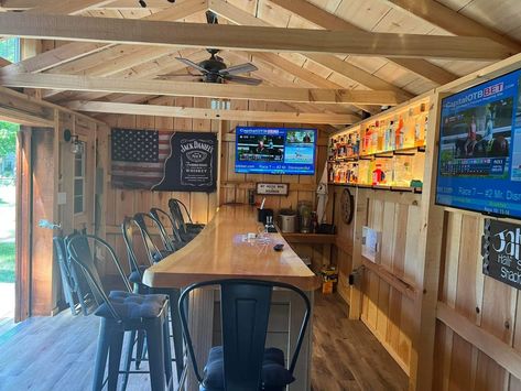 Outside Bars Ideas Backyards, Shed Turned Into Bar, Small Garage Bar Ideas, Party Shed Ideas, Man Shed Bar, Brick Backyard, Backyard Shed Bar Ideas, Home Pub Ideas, Backyard Bars