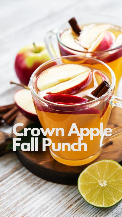 This delightful concoction blends the smooth richness of Crown Royal Apple whisky with the crispness of apple cider and a touch of warm cinnamon spice. 🥃✨ Perfect for your fall gatherings, it's the ultimate festive sipper. 🍁🥂 Stir up some seasonal magic with this easy-to-make cocktail – it's like capturing fall in a glass! 🍎🍁 #CrownAppleFallPunch Apple Cider Crown Apple, Apple Crown Royal Recipes, Crown Apple Drinks Recipes, Apple Crown Royal Drinks, Spiked Punch Recipes, Crown Royal Recipes, Apple Cocktails, Fall Punch Recipes, Apple Cider Whiskey