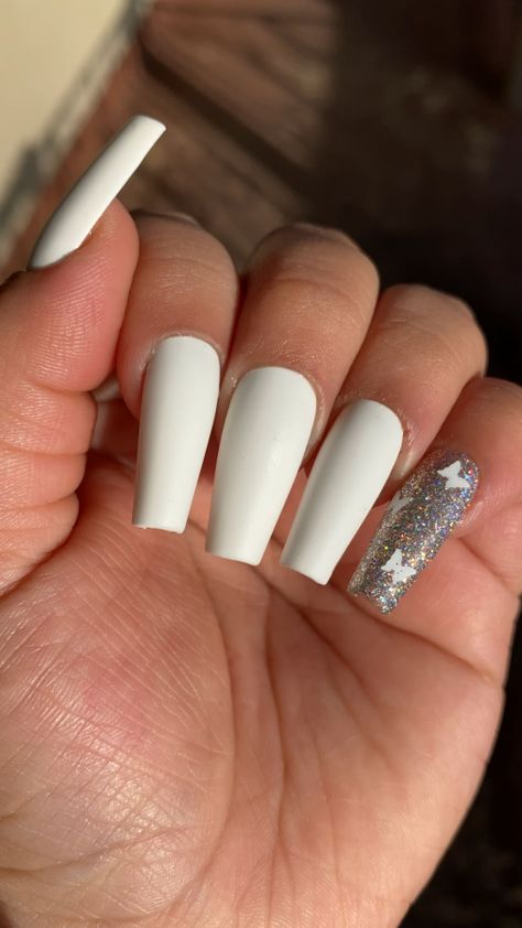 #whitenails #glitternails #nailinspiration #acrylicnails #acrylic #nails #videos Nails Butterfly, Matte Pink Nails, March Nails, Butterfly White, Blue Acrylic Nails, Winter Nails Acrylic, Edgy Nails, White Acrylic Nails, Cute Acrylic Nail Designs