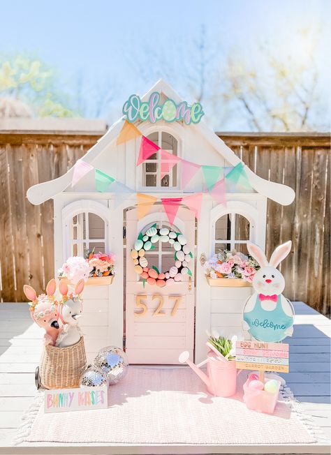 Painted Playhouse, Playhouse Remodel, Valentines Minis, Modern Easter Decor, Playhouse Decor, Diy Kids Playground, Kids Playhouse Outdoors, Easter Photoshoot, Corkboard Ideas Decor