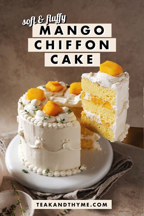 Mango Yuzu Cake, Mango Wedding Cake, Mango Layer Cake, Mango Cake Filling, Asian Mango Dessert, Mango Filling For Cake, Mango Cream Cake, Chiffon Cake Decoration Ideas, Korean Cake Recipe