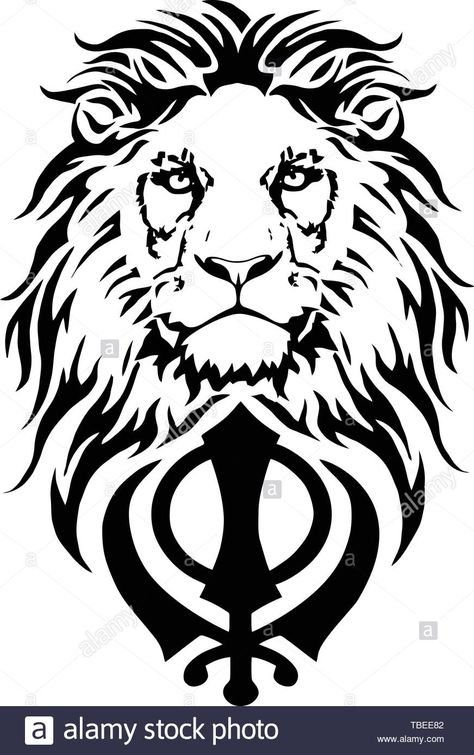 Download this stock vector: Khanda is the most significant symbol of Sikhism, decorated with a Lion with a long mane, on a white background, isolated, drawing for tattoo, vector - TBEE82 from Alamy's library of millions of high resolution stock photos, illustrations and vectors. Farmer Painting, Buddha Tattoo Design, Filigree Tattoo, Tattoo Vector, Armband Tattoo Design, Knot Tattoo, Lion Photography, Lion Tattoo Design, Buddha Tattoo