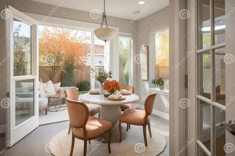 Cozy Breakfast Nook with French Doors, White Table and Chairs, and View of the Garden Stock Illustration - Illustration of inviting, design: 275927854 Breakfast Nook With French Doors, White Table And Chairs, French Doors White, Cozy Breakfast, Cozy Breakfast Nook, Design Light, White Table, Breakfast Nook, French Doors