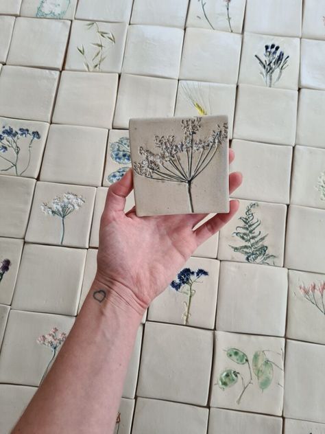 Home Made Ceramic Tiles, Ceramics Tiles Art, Pottery Tiles Ideas Design, Botanical Ceramic Tiles, Pottery Tiles Handmade Ceramic, Homemade Tiles Ceramics, Homemade Ceramic Tiles, Clay Wall Tiles, Making Ceramic Tiles