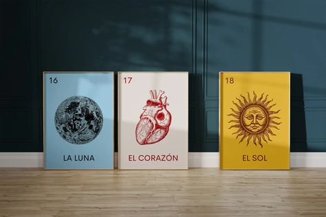 Poster Moon, Mexican Loteria, Sun Poster, Mexican Coffee, Mexican Wall, Romantic Bed, Mexican Home Decor, Modern Mexican, Heart Poster