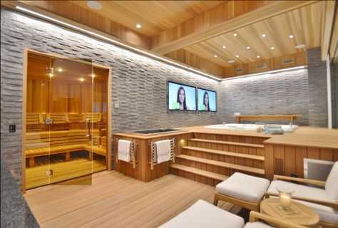 Home Gym And Sauna, Modern Home Gym, Jacuzzi Room, Mountain Dream Homes, Indoor Jacuzzi, Home Spa Room, Multifunctional Room, Wellness Room, Indoor Spa