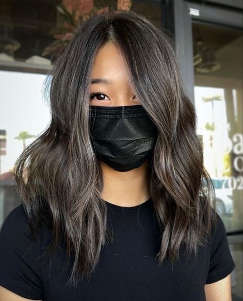 Asian Hair Mushroom Brown, Straight Mushroom Brown Hair, Ashy Brown Hair Balayage Asian, Dark Brunette Partial Highlights, Ash Brown Glaze Hair, Mushroom Brown Straight Hair, Mushroom Brown Babylights On Dark Hair, Mushroom Black Hair, Mushroom Brown Hair Color Dark