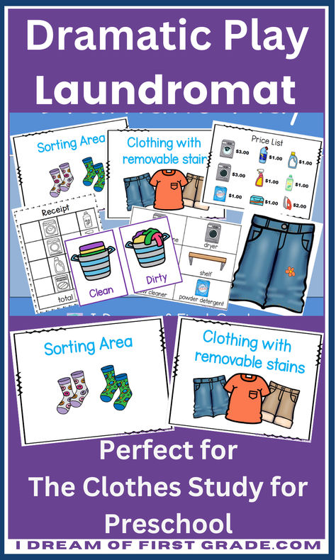 Do you use the Clothes study for Preschool with your PreKs? I created this dramatic play area for our preschool classrooms during our study. This set includes a sorting socks area, folding shirts area and much more. Your students can wash and dry their clothes or hang them out to dry! Students can “work” in the Laundromat and collect money for services rendered. Your preschoolers will practice math and literacy skills as they work in the laundromat or as customers at the Laundromat. Laundry Dramatic Play Free Printables, Laundry Pretend Play, Folding Shirts, Clothes Study, Clothing Study, Preschool Classrooms, Alphabet Centers, Study Topics, Activities Kindergarten