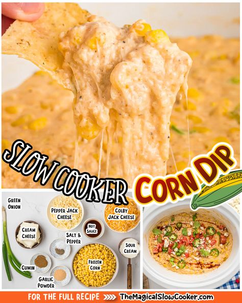 Featuring a variety of yummy cheeses, this Slow Cooker Corn Dip is sure to be a huge hit at your next holiday party. Thanks to the hefty portions of pepper jack cheese, colby jack cheese, and cream cheese, it's an appetizer choice that is super delicious. - The Magical Slow Cooker Colby Jack Cheese Dip, Slow Cooker Corn Dip, Slow Cooker Corn, Magical Slow Cooker, The Magical Slow Cooker, Corn Dip, Colby Jack, Cream Cheese Dips, Colby Jack Cheese