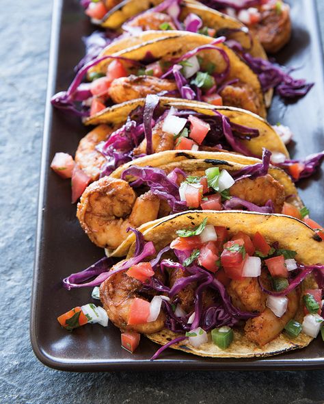 Spicy Shrimp Tacos with Red Cabbage Slaw | Shrimp cooks very quickly, making these tacos a great choice for a quick and colorful weekday meal. Tacos With Red Cabbage, Red Cabbage Slaw Recipes, Cabbage Slaw Recipes, Sweet And Spicy Shrimp, Shrimp Taco, Spicy Shrimp Tacos, Red Cabbage Slaw, Shrimp Taco Recipes, Purple Cabbage