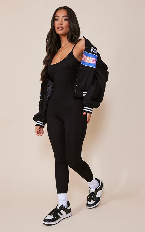 Black Jumpsuit With Sneakers, Outfits With Black Jumpsuit, Uk Black Girls Style, Black One Piece Outfit Jumpsuit, All Black Jumpsuit Outfit, Uk Girl Outfits, Uk College Outfits, Fashionnova Outfit Ideas, Body Suit Outfits Black Women