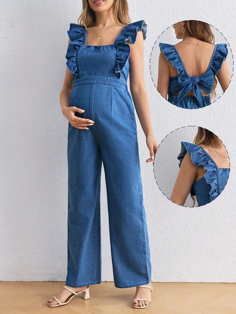 SHEIN Maternity Loose Denim Overalls Suspender Pants, Casual BlueI discovered amazing products on SHEIN.com, come check them out! Denim Baby Shower, Shein Maternity, Denim Baby, Baby Shower Outfit, Suspender Pants, Casual Maternity, Casual Sweatpants, Pants Casual, Denim Overalls