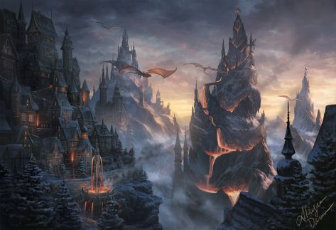 Fantasy City Dragon House Lava Mountain Building Wallpaper Volcano Castle Fantasy Art, Volcano Fantasy City, Plane Of Fire Dnd, Fire City Fantasy Art, Volcano City Fantasy Art, Volcano Castle, Dragon Volcano, Snowy Volcano, Volcano City