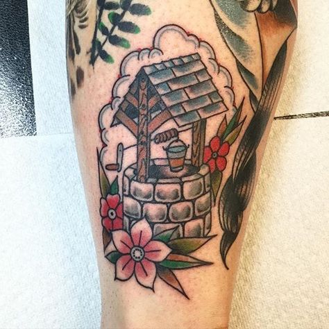 Well Tattoo Wishing, Water Well Tattoo, Wishing Well Tattoo, Cottage Tattoo, Deeper Well, Well Tattoo, Traditional Cottage, Tattoo Design Book, Design Book