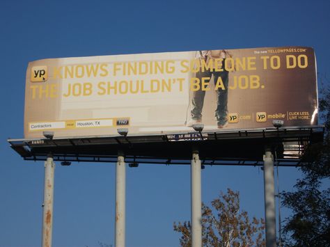 This billboard has very poor readability. Both the image and text are essentially the same color. The text is yellow to associate with the YellowPages logo, which is good consistently. But to allow for that along with the image, something needs to change. Bad Graphic Design Examples, Bad Logo Design, Bad Graphic Design, Bad Typography, Funny Billboards, Typography Ads, Mobile Banner, Billboard Advertising, Billboard Design