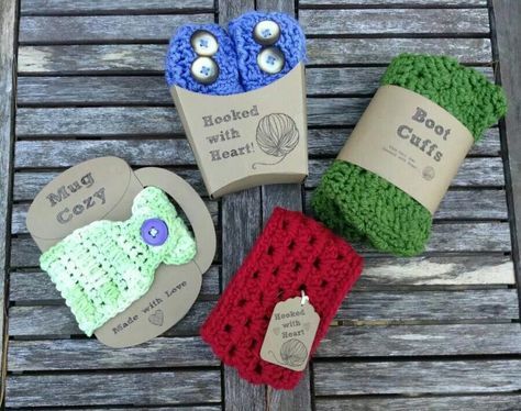 Crochet Labels, Crochet Boot Cuffs, Crochet Cup Cozy, Crocheted Items, Crochet Boots, Crochet Business, Trendy Crochet, Crochet Kitchen, Craft Show Ideas