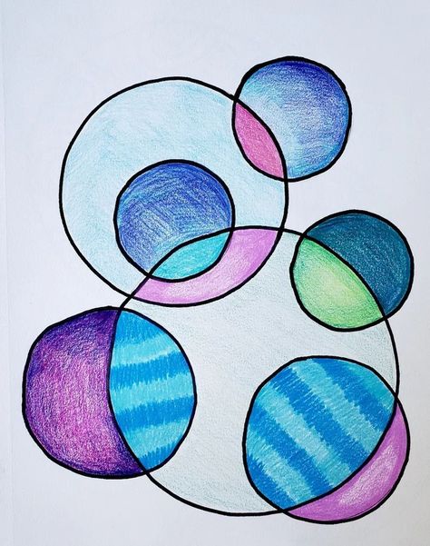 Distance Learning: Overlapping Circles – Art is Basic | An Elementary Art Blog Asymmetrical Drawing Ideas, Circle Art Design Ideas, Circle Shapes Design, Circle Project Design, Overlapping Circles Design, Circle Art Ideas, Drawing With Circles, Concentric Circles Art, Art In Circle