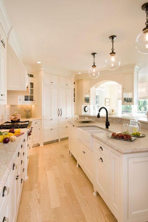 Amazing #Kitchen with light Wood Floors and Fun Lighting www.remodelworks.com Barn Kitchen, Light Wood Floors, Kitchen Decorating, Trendy Kitchen, Large Kitchen, Counter Tops, Kitchen Remodel Idea, Wood Flooring, Wood Kitchen